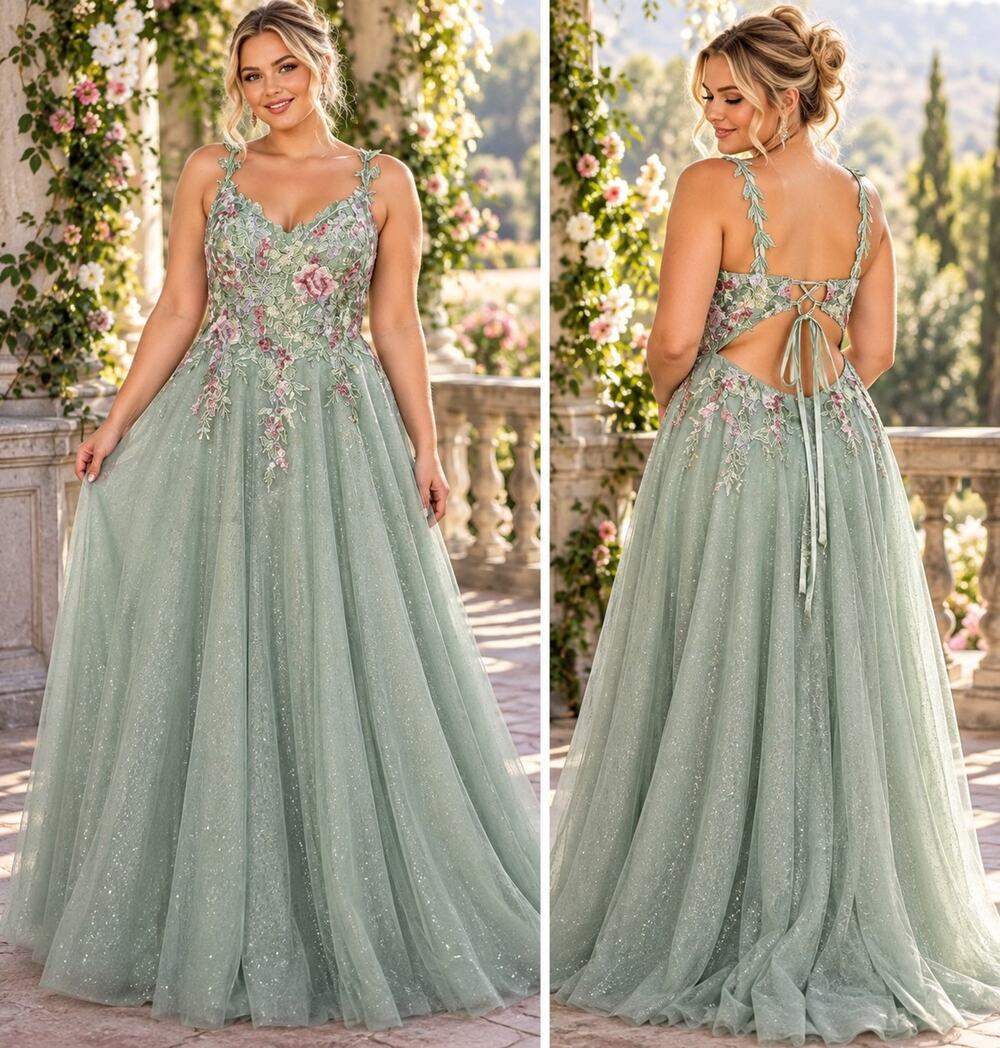 City Studios 14W Sage Floral Embroidered Glitter Tulle Open Back Gown NWT